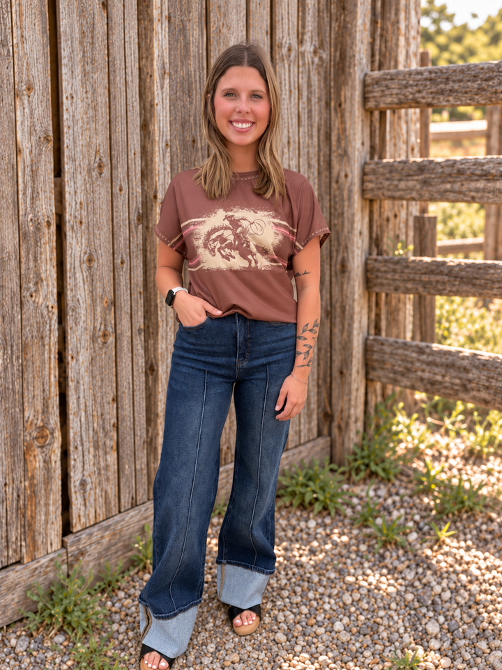 Brown Bucking Horse Sunset Short Sleeve Top