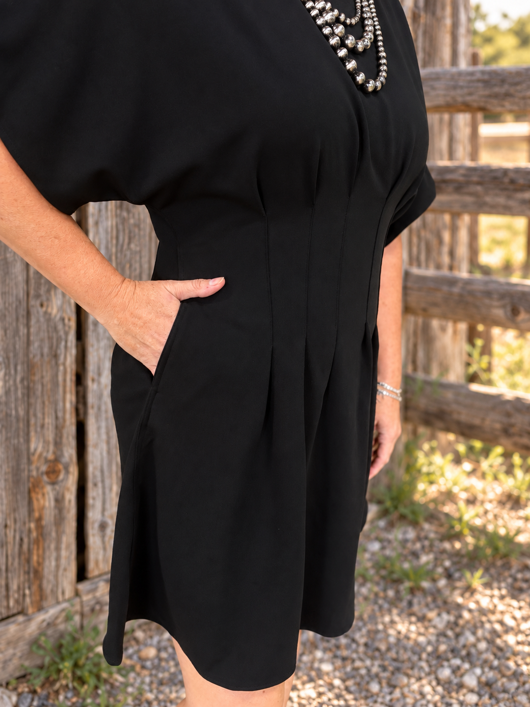 Black Solid Pleated Mini Dress