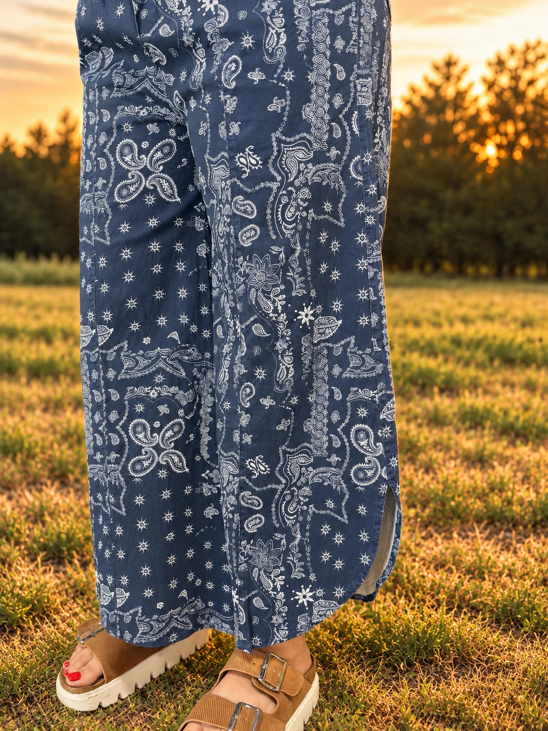 Vintage Tulip Washed Navy Paisley Wide Leg Pants