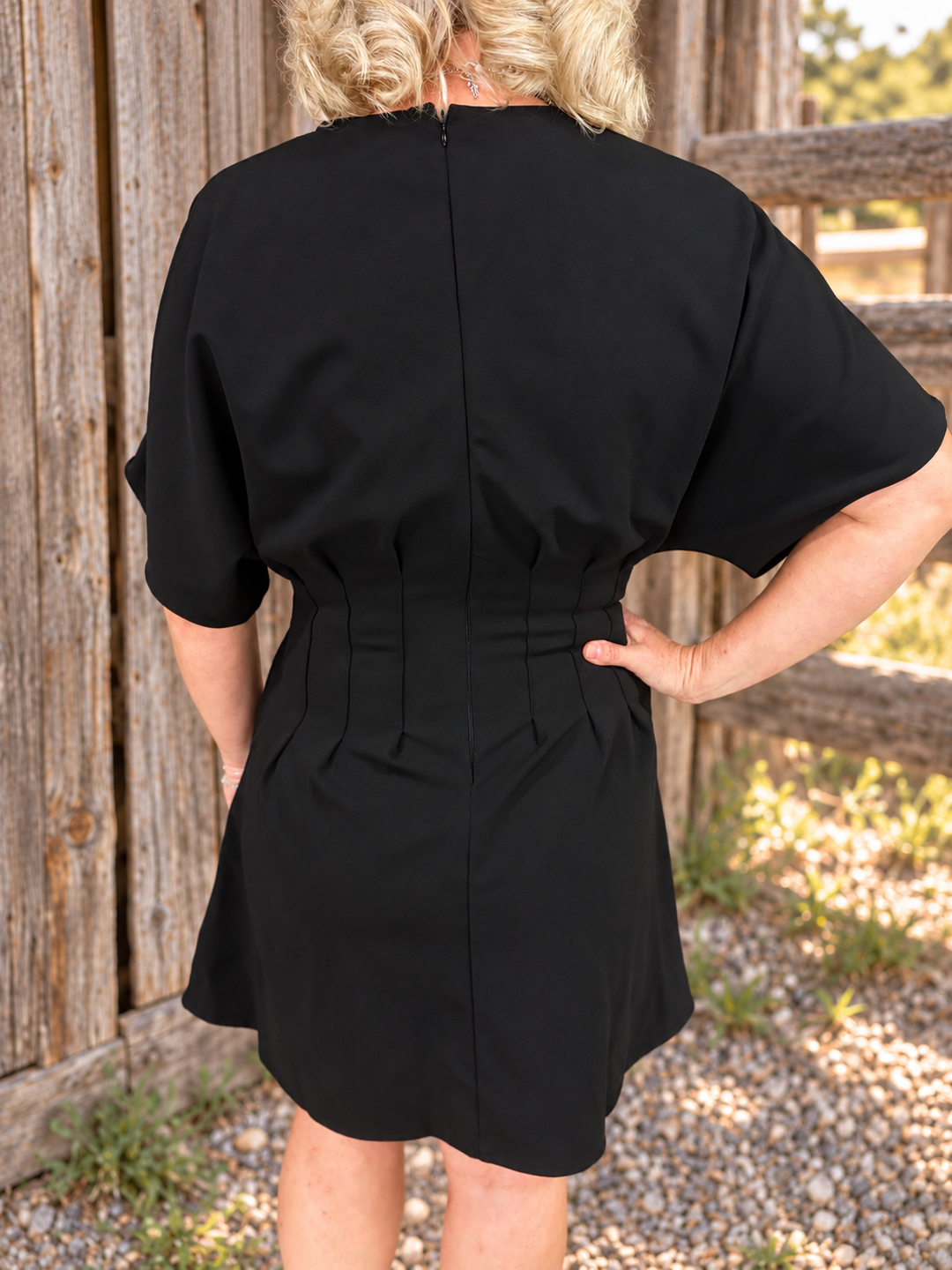 Black Solid Pleated Mini Dress