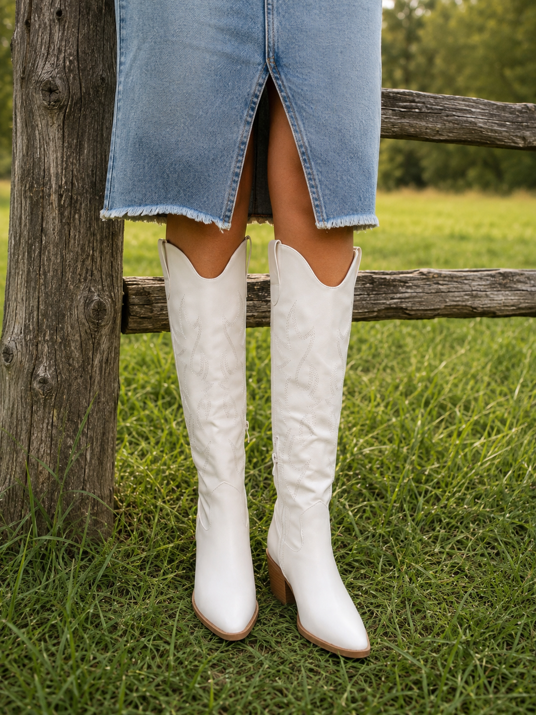 River 17 White Knee High Western Boots