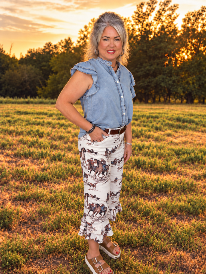Vintage Equestrian Ruffle Washed Wide Leg Pants