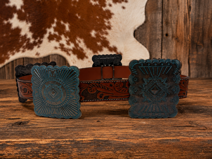 Brown Tooled Genuine Leather Bronze Concho Belt