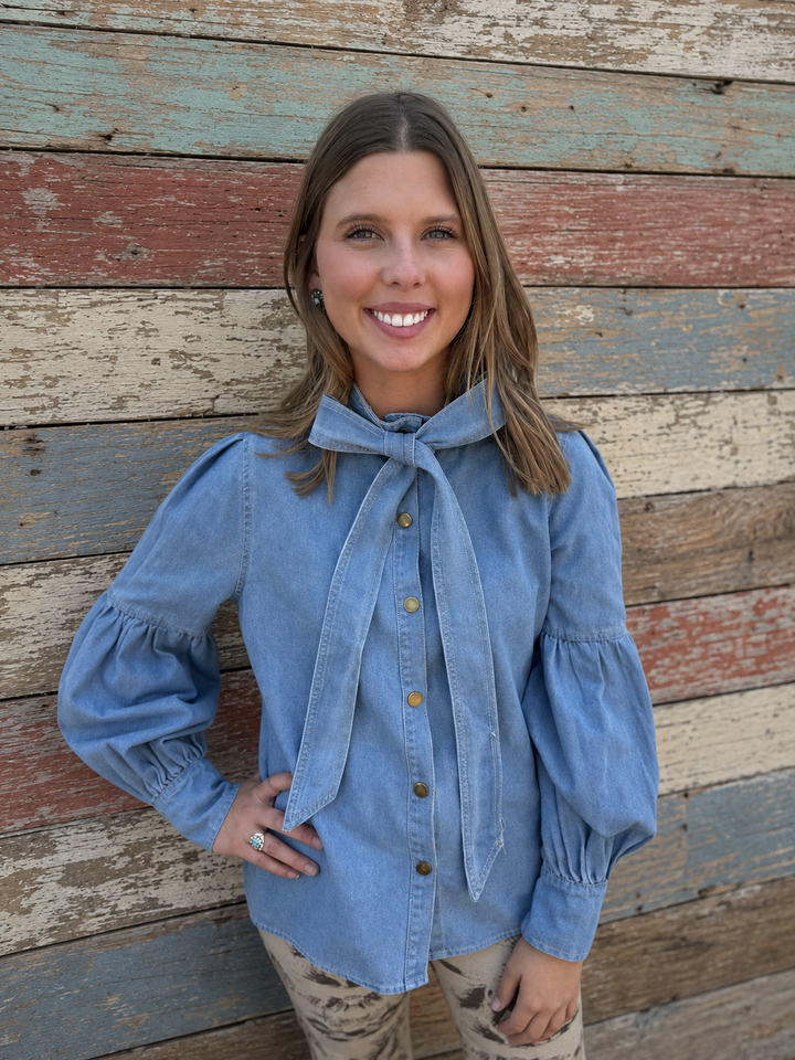 Light Wash Puff Long Sleeve Bow Tie Denim Top