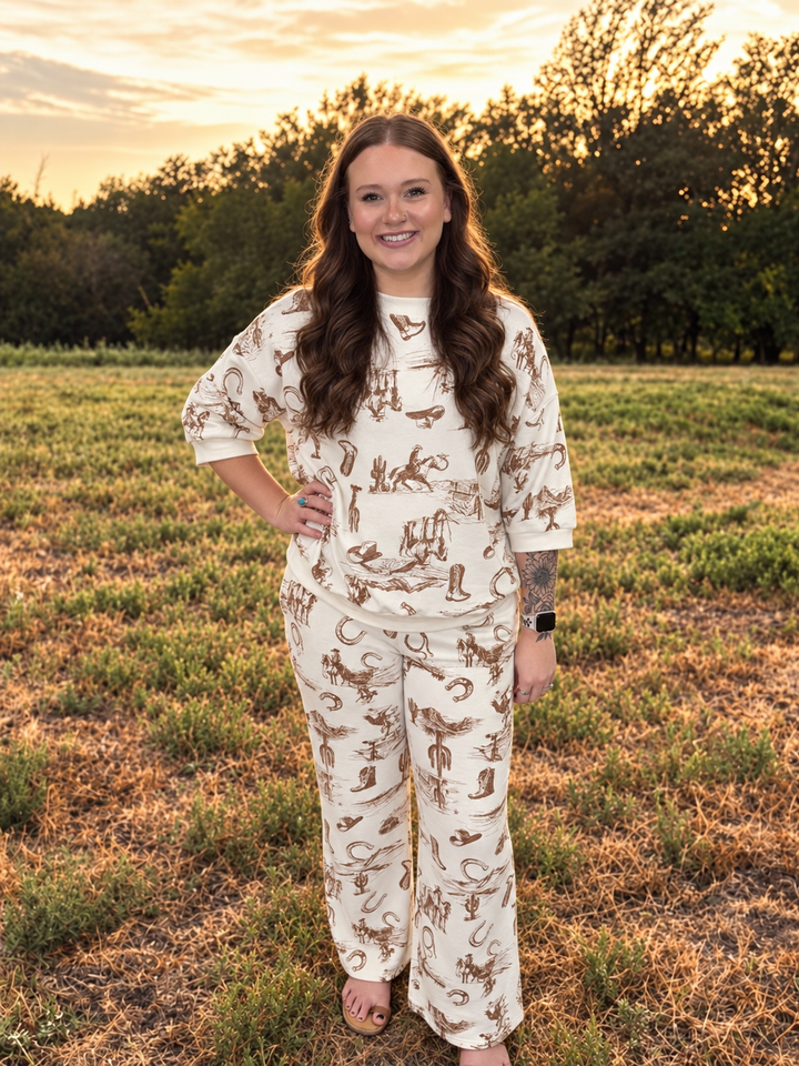 Western Print Drop Shoulder Top & Wide Leg Pant Set