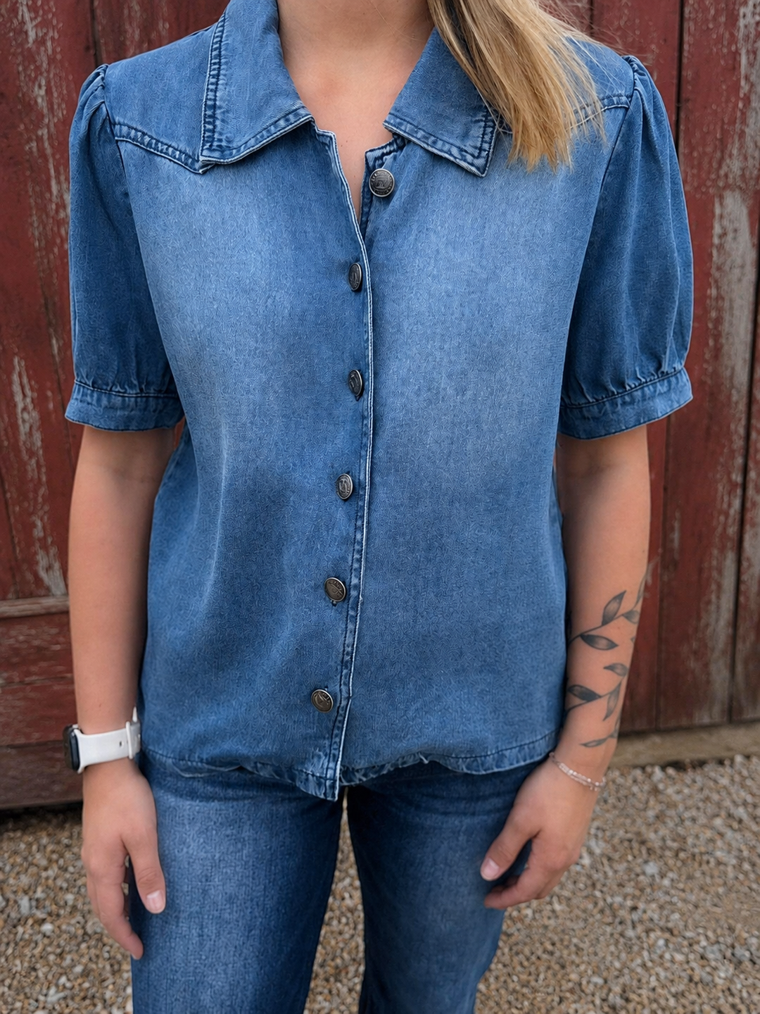 L&B Denim Button Down Puff Sleeve Top