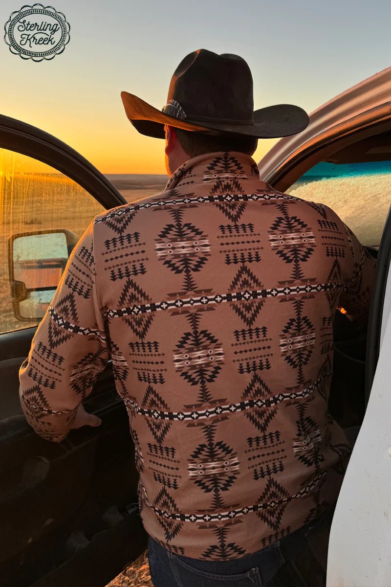 Brown aztec print men's pullover. Tan western print pullover. Half zip pullover. Men's western wear. Western apparel. Unisex western fashion. Online boutique. Small business. 