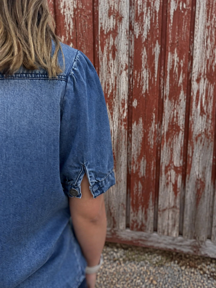 L&B Denim Button Down Puff Sleeve Top