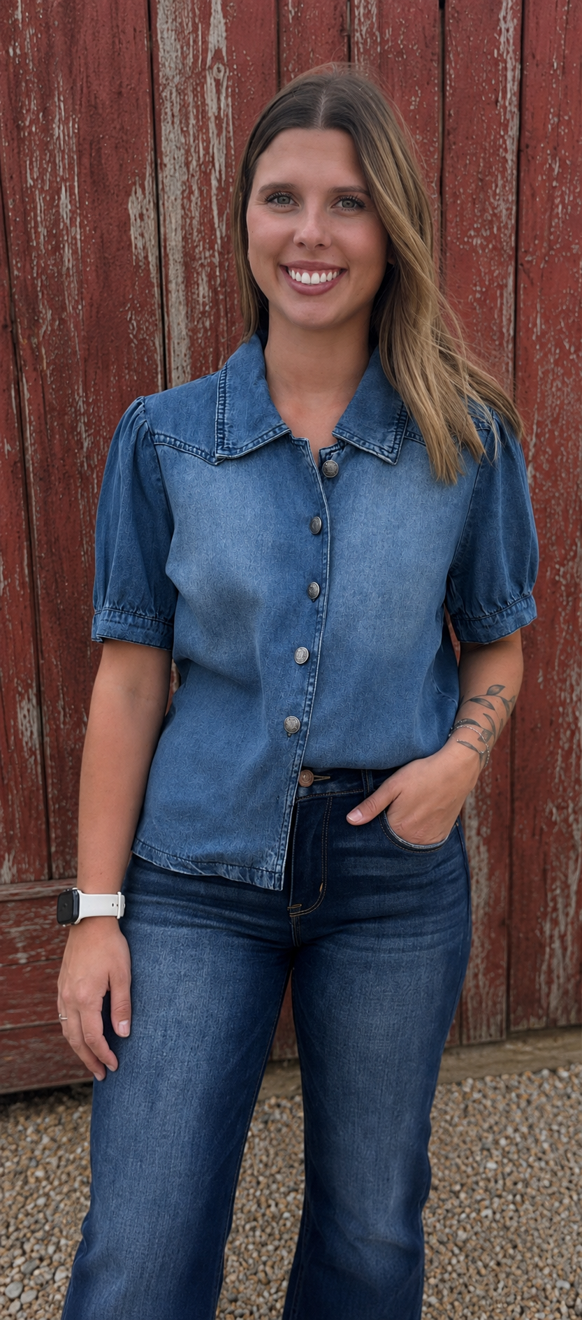 L&B Denim Button Down Puff Sleeve Top