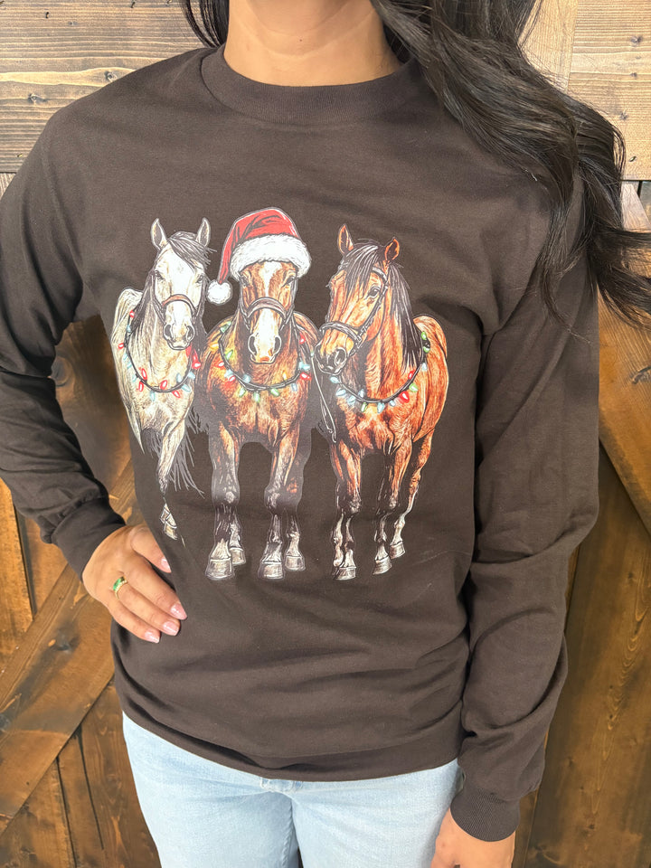 Christmas Horse Graphic Long Sleeve Tee - 2 Colors*