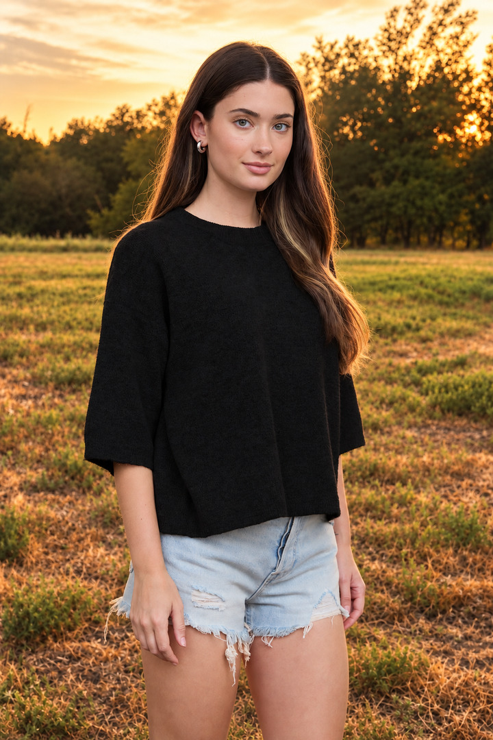 Black Crew Neck Half Sleeve Boxy Sweater