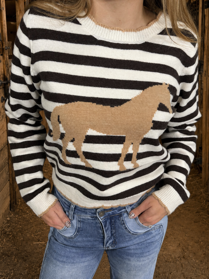 Striped Horse Scallop Edge Sweater