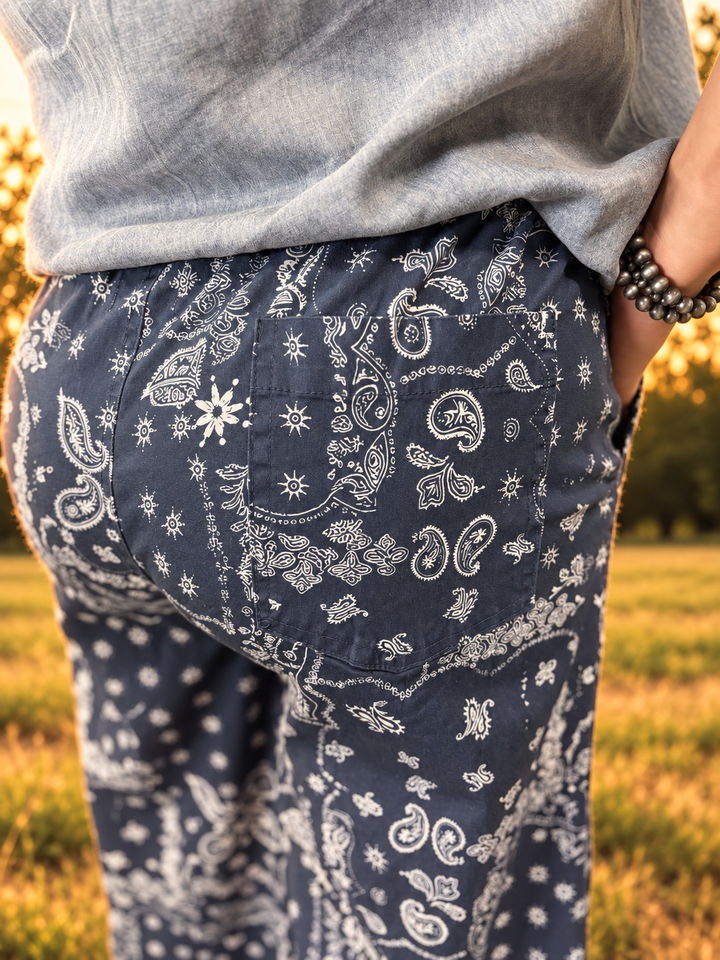 Vintage Tulip Washed Navy Paisley Wide Leg Pants