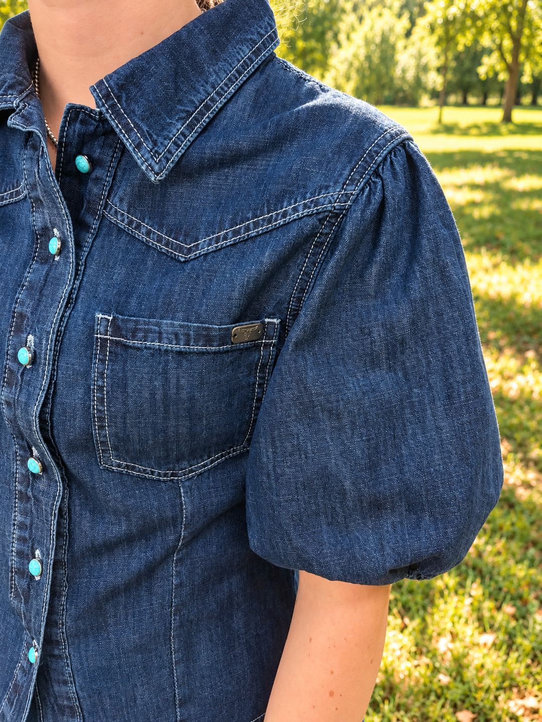 Turquoise Snap Button Dark Wash Western Yoke Denim Top