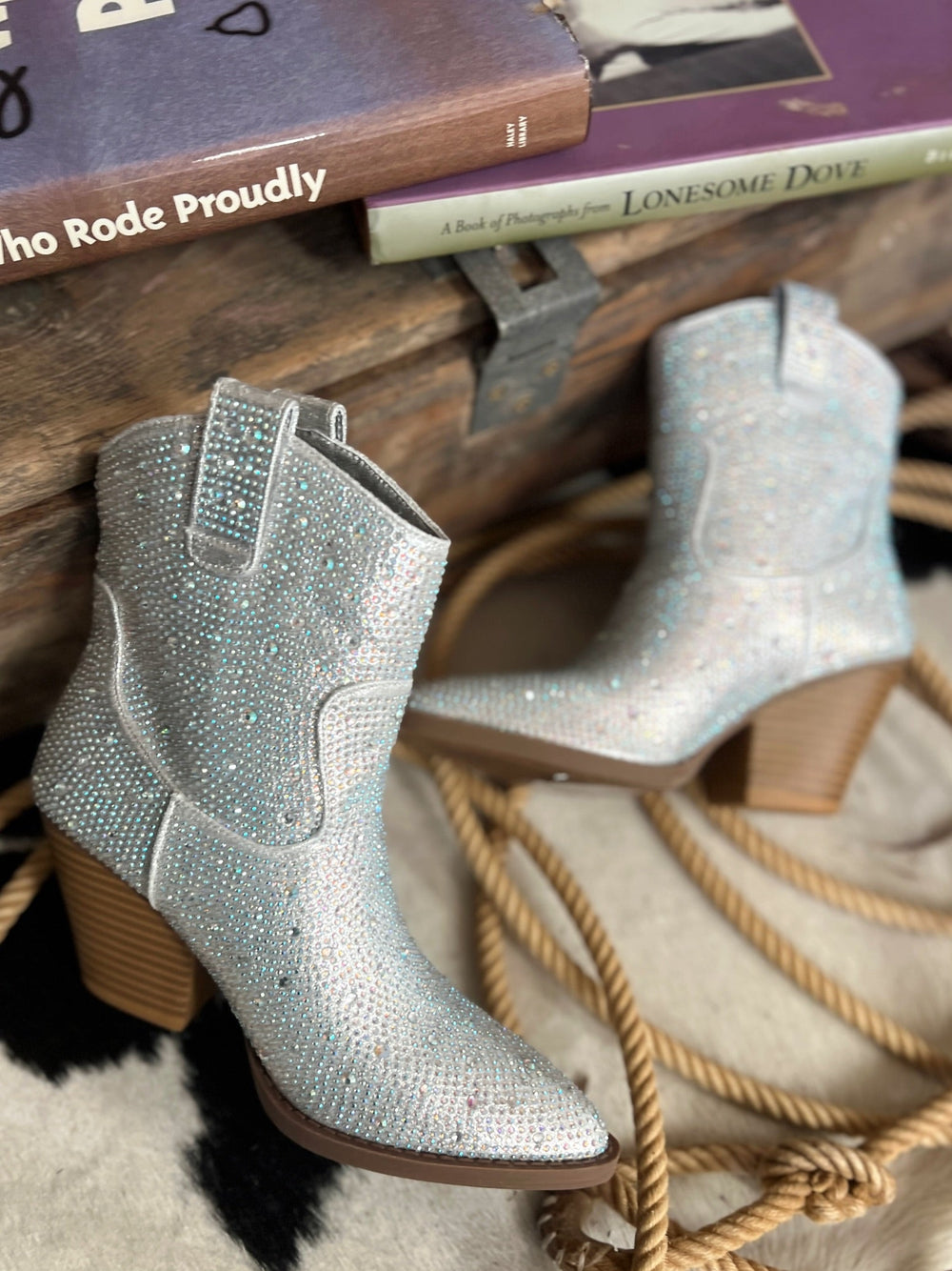 Tres' Rivers Silver Rhinestone Booties | gussieduponline