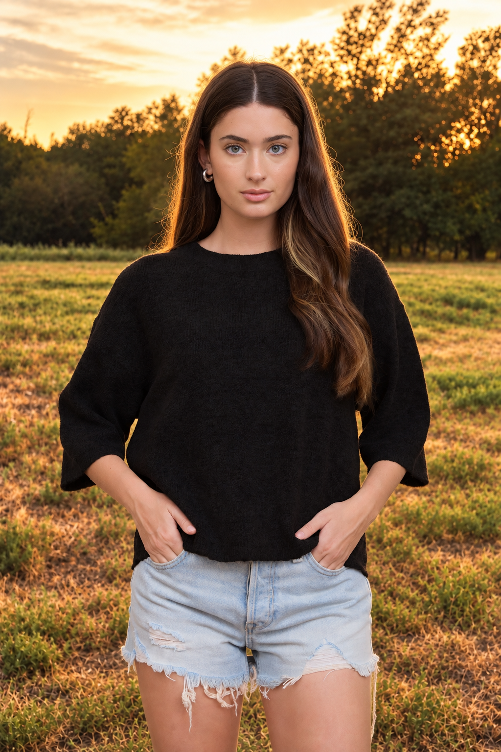 Black Crew Neck Half Sleeve Boxy Sweater