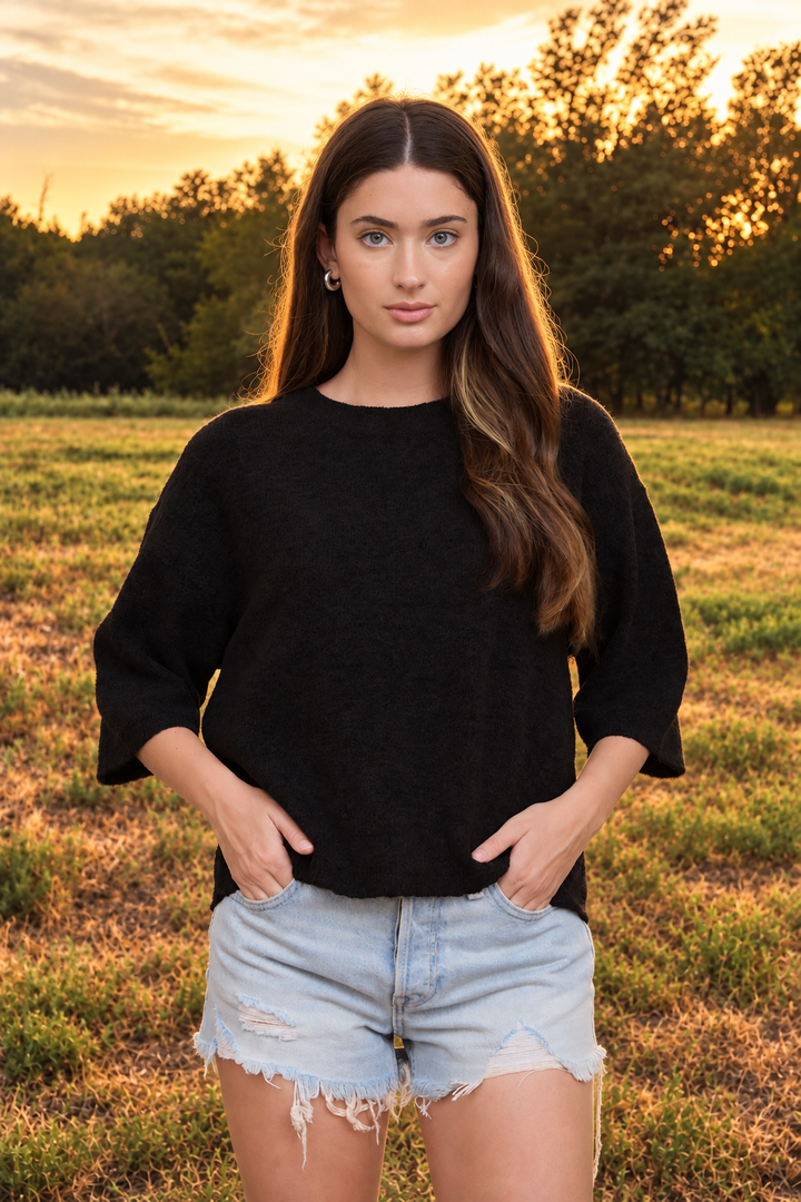 Black Crew Neck Half Sleeve Boxy Sweater