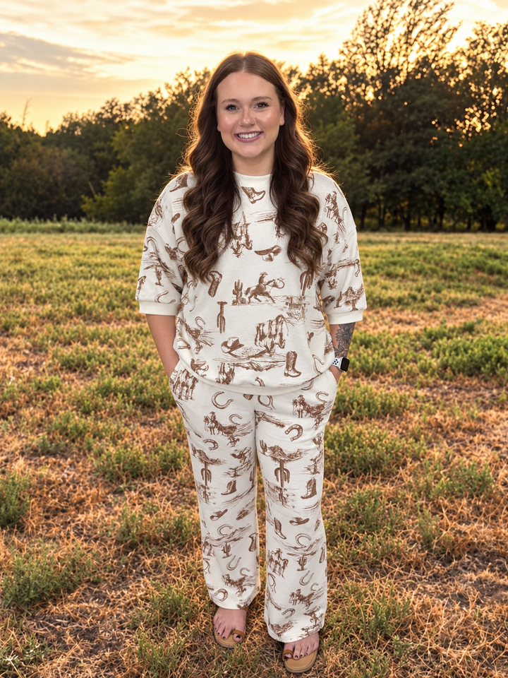 Western Print Drop Shoulder Top & Wide Leg Pant Set