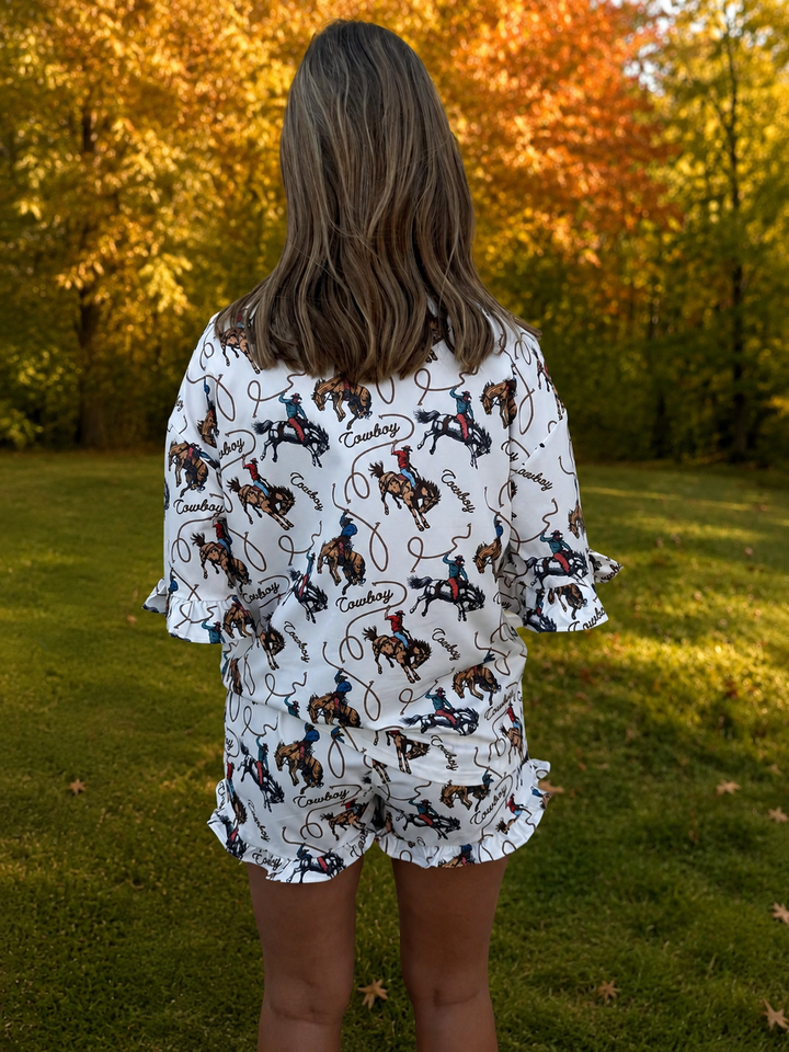 Ivory Cowboy Printed Button Down Ruffle Set