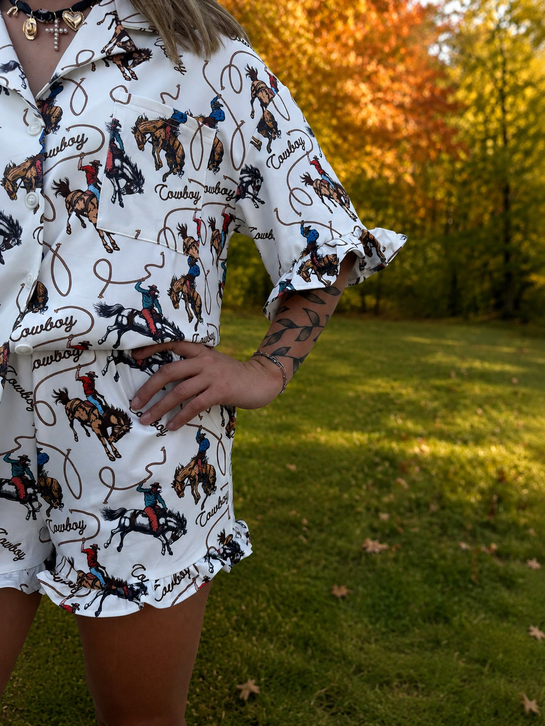 Ivory Cowboy Printed Button Down Ruffle Set