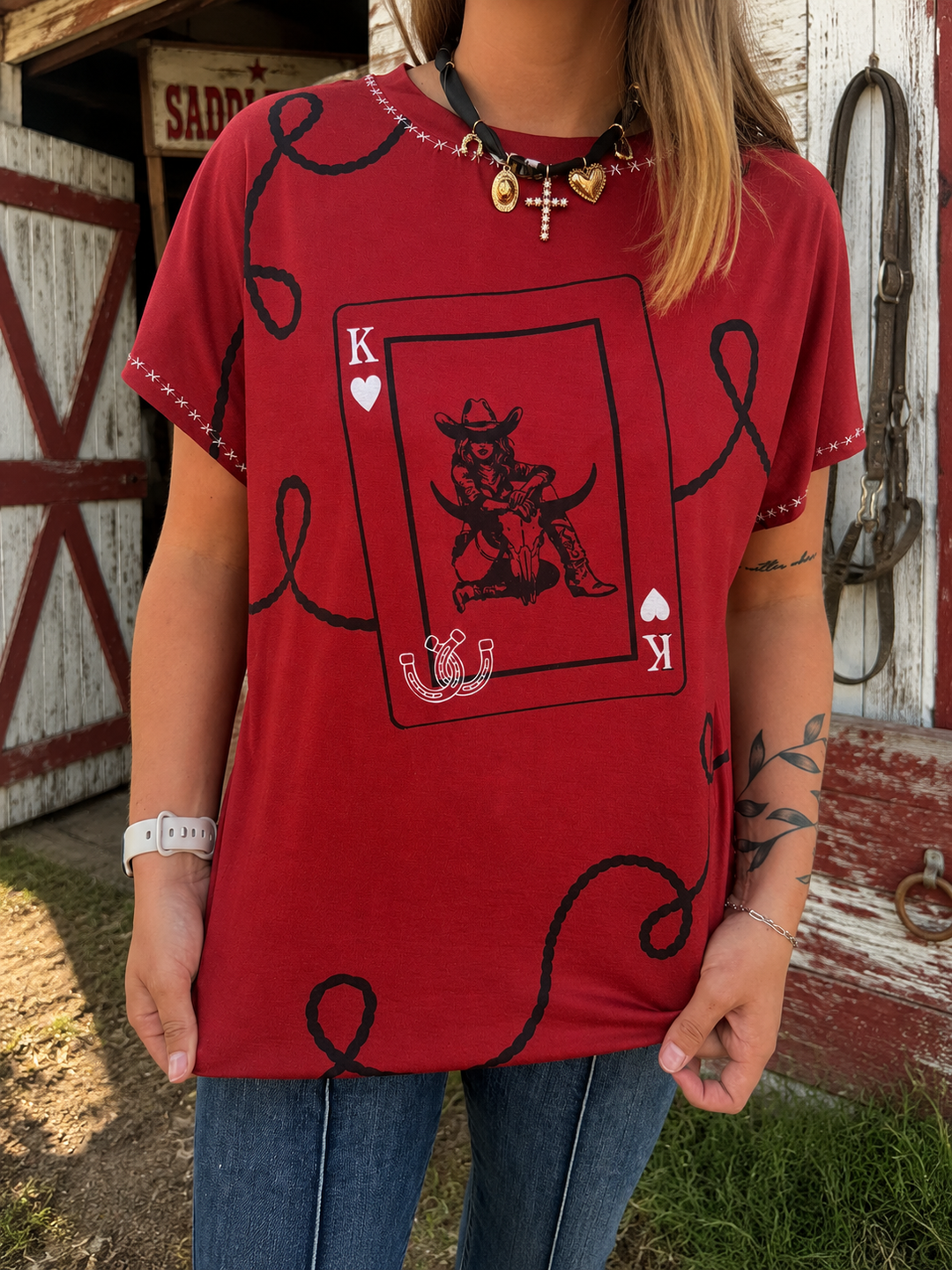 Red Bucking Horse Sunset Short Sleeve Top
