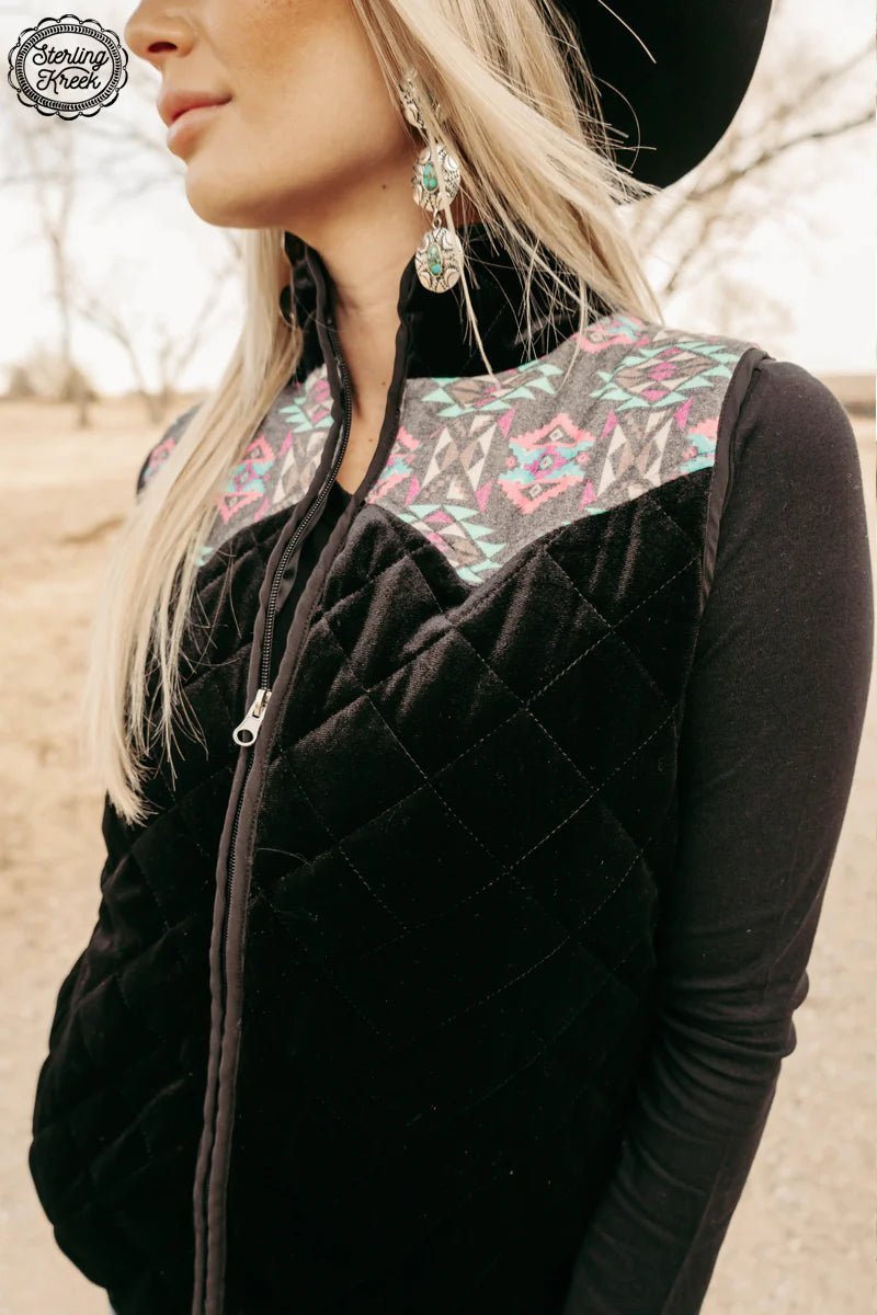 Black, Aztec, vest. Small Business. Woman Owned Business. Get Gussied Up