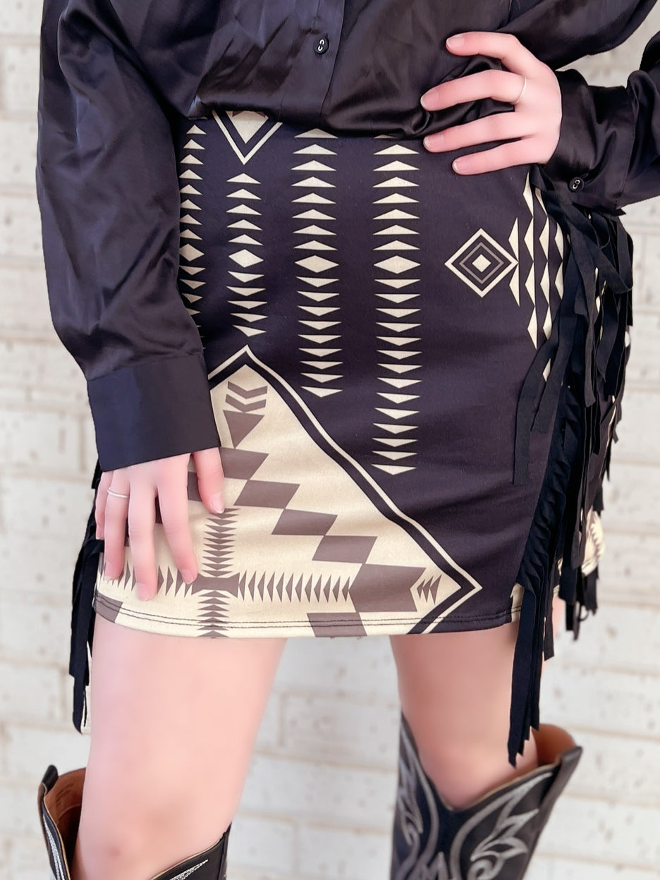 Aztec Printed Double Side Fringe Skirt | gussieduponline