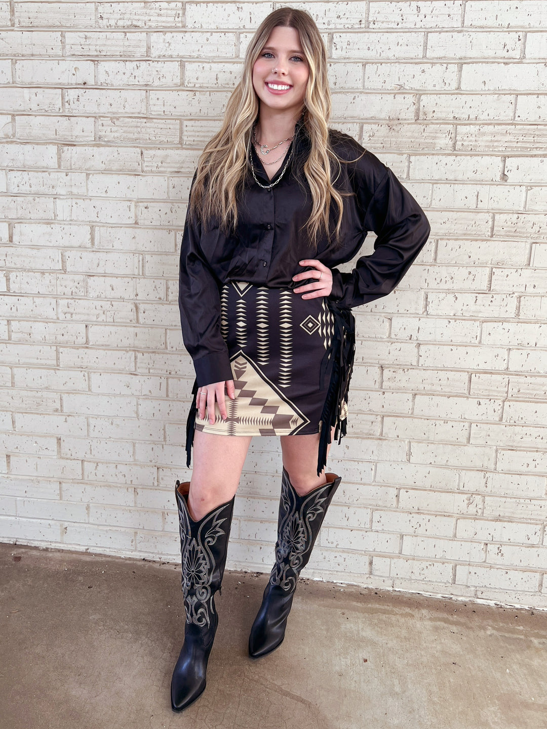 Aztec Printed Double Side Fringe Skirt | gussieduponline