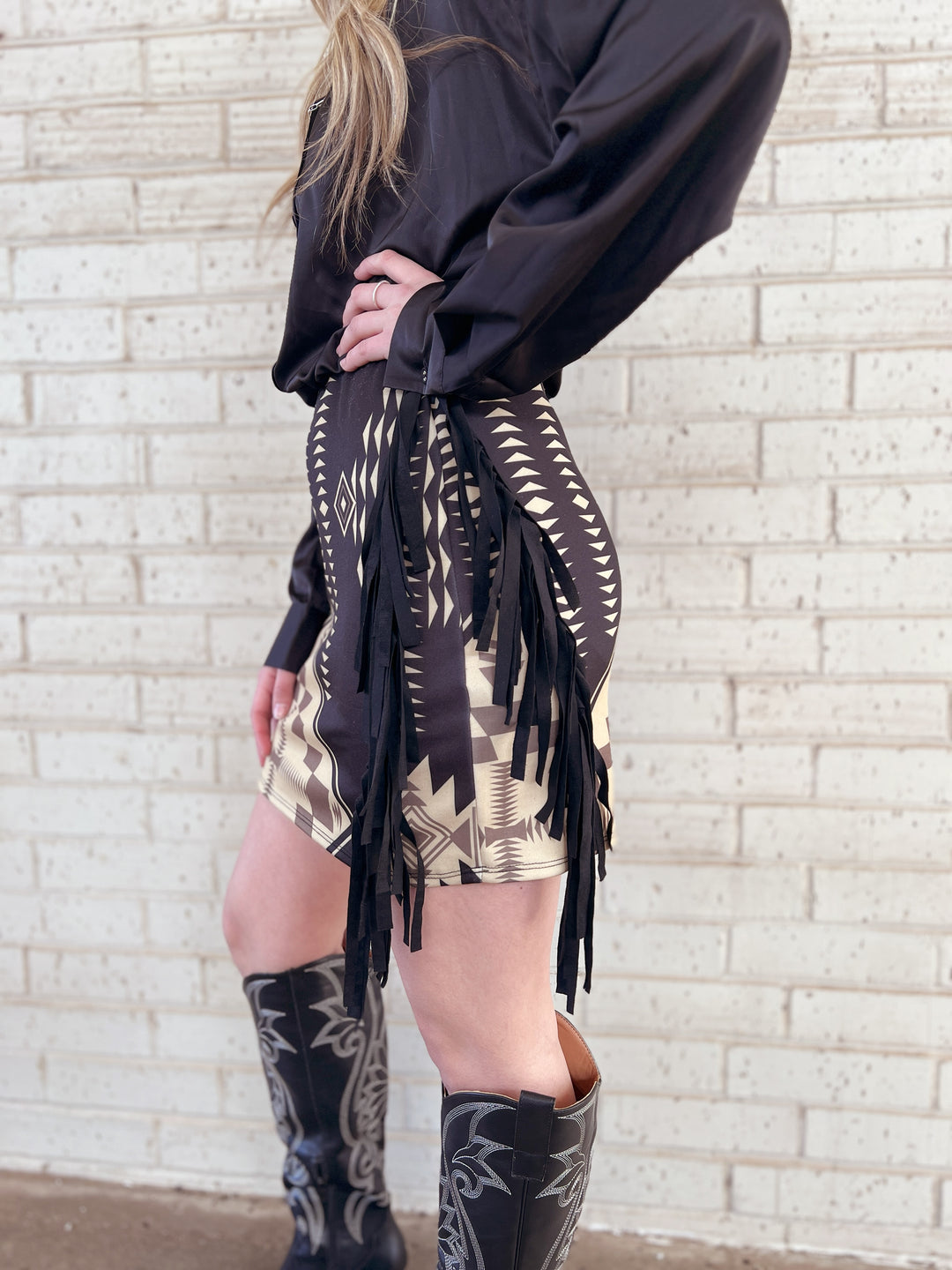 Aztec Printed Double Side Fringe Skirt | gussieduponline