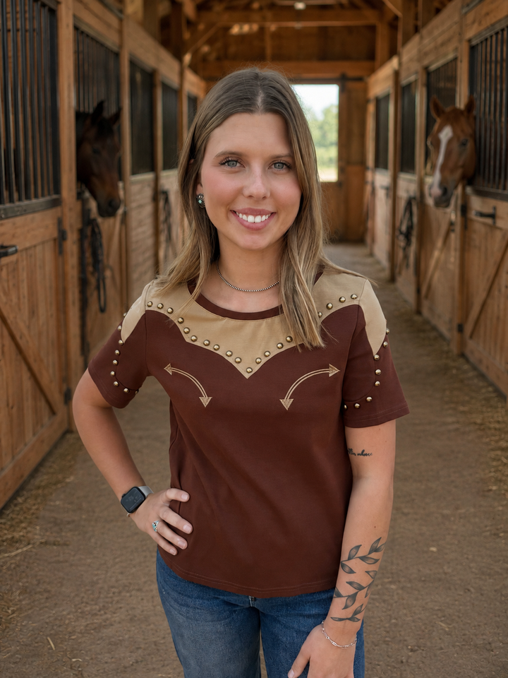 Brown Western Yoke Studded Contrast Top