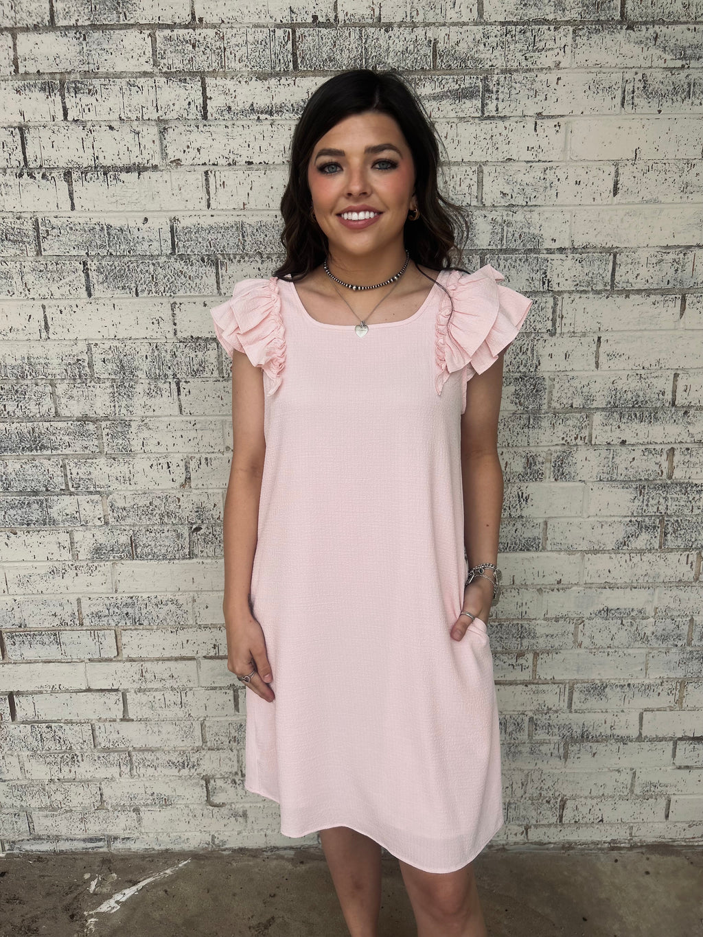 Baby Pink Textured Flutter Sleeve Bow Back Mini Dress*