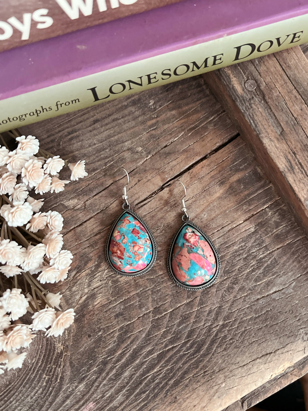Big Tear Drop Stone Turquoise Dangle Earrings - 2 Colors