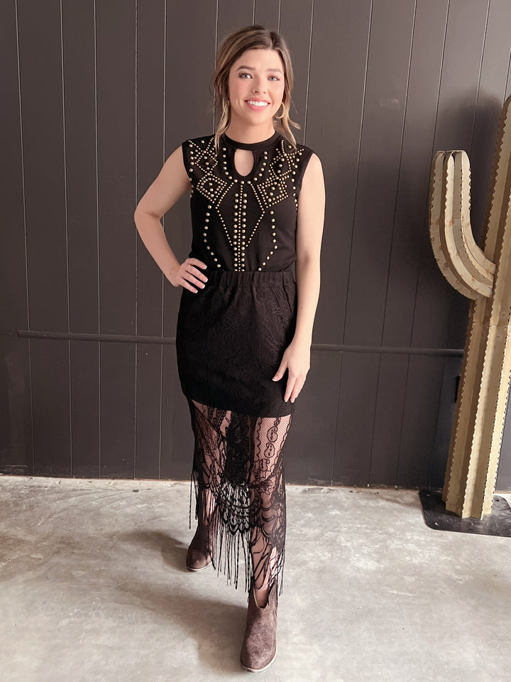 Black Keyhole Vintage Bronze Studded Bodysuit