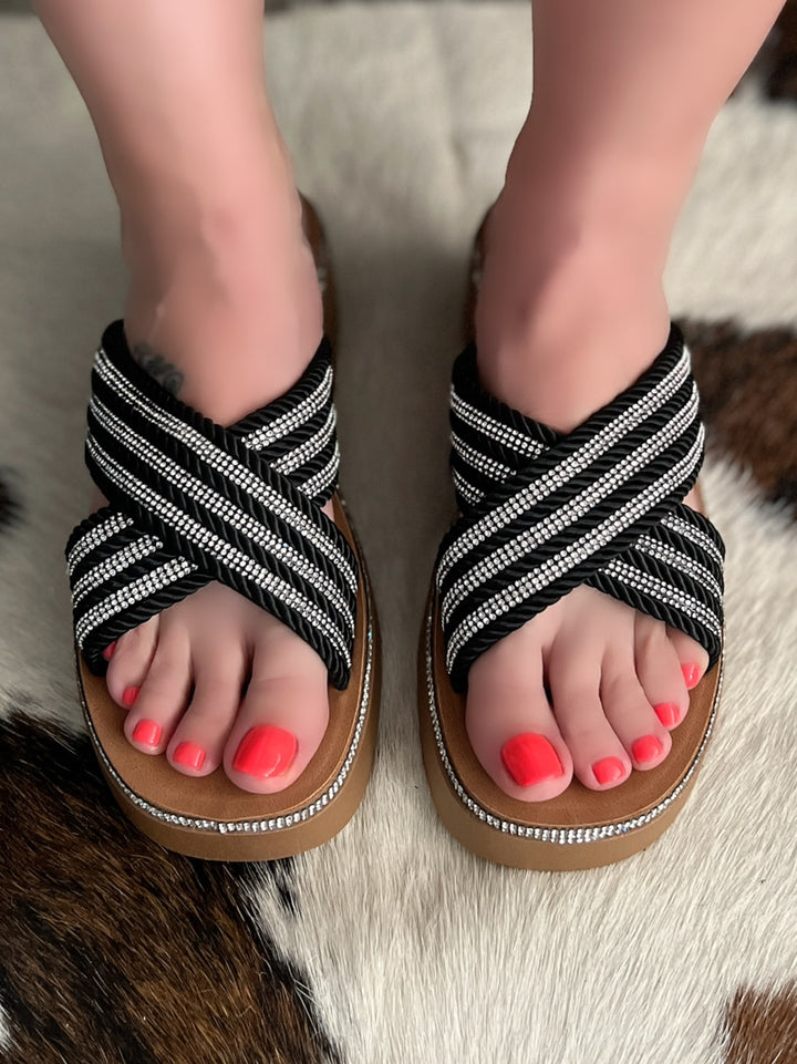 Black Rhinestone Crisscross Platform Sandal*