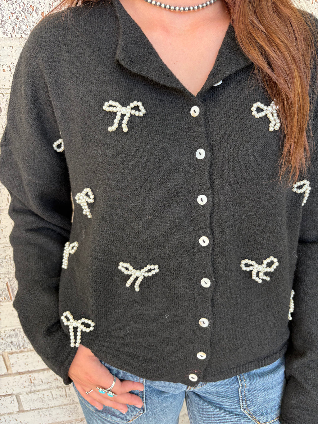 Black Sophisticated Pearl Bow Detail Sweater*