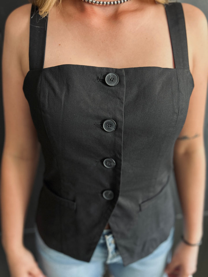 Black Square Neck Sleeveless Button Down Blouse