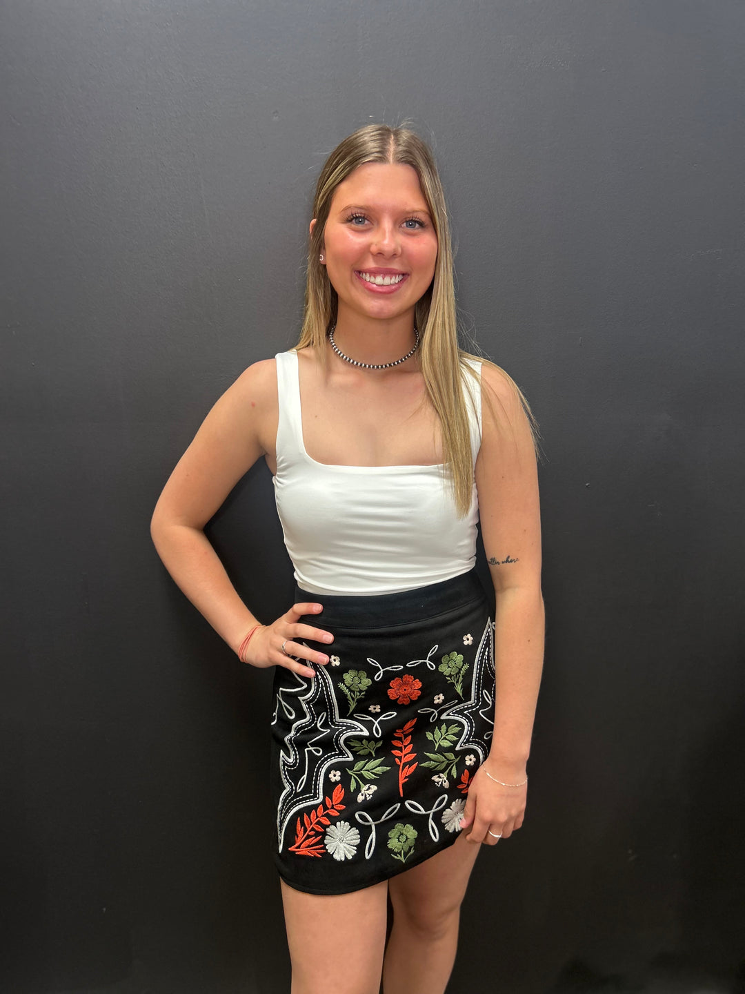 Black Suede Aztec Floral Embroidered Front Slit Skirt*