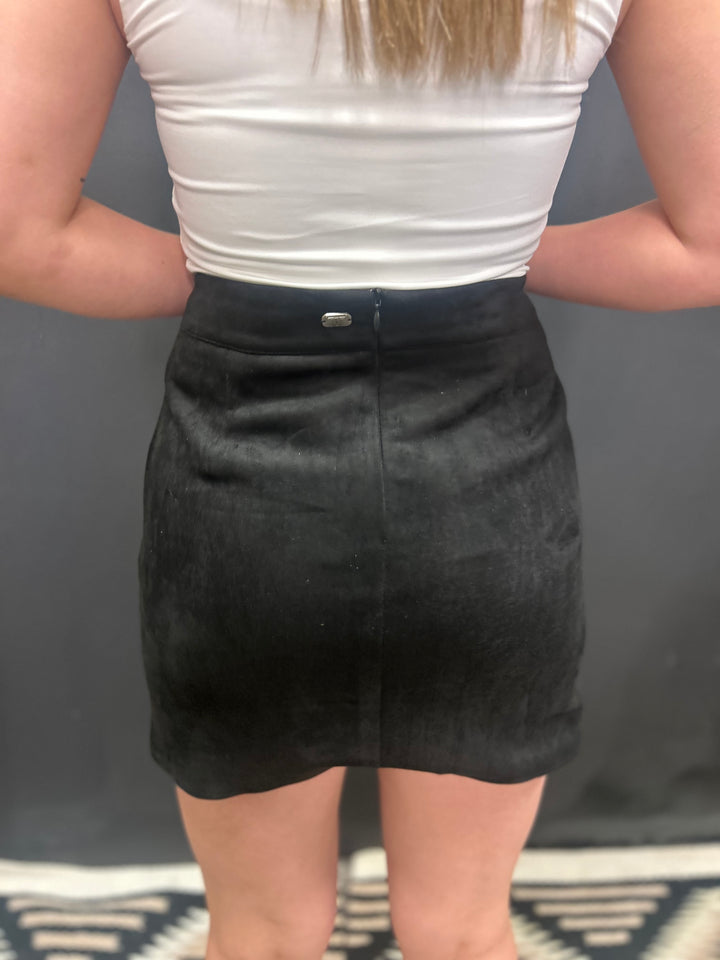 Black Suede Aztec Floral Embroidered Front Slit Skirt*