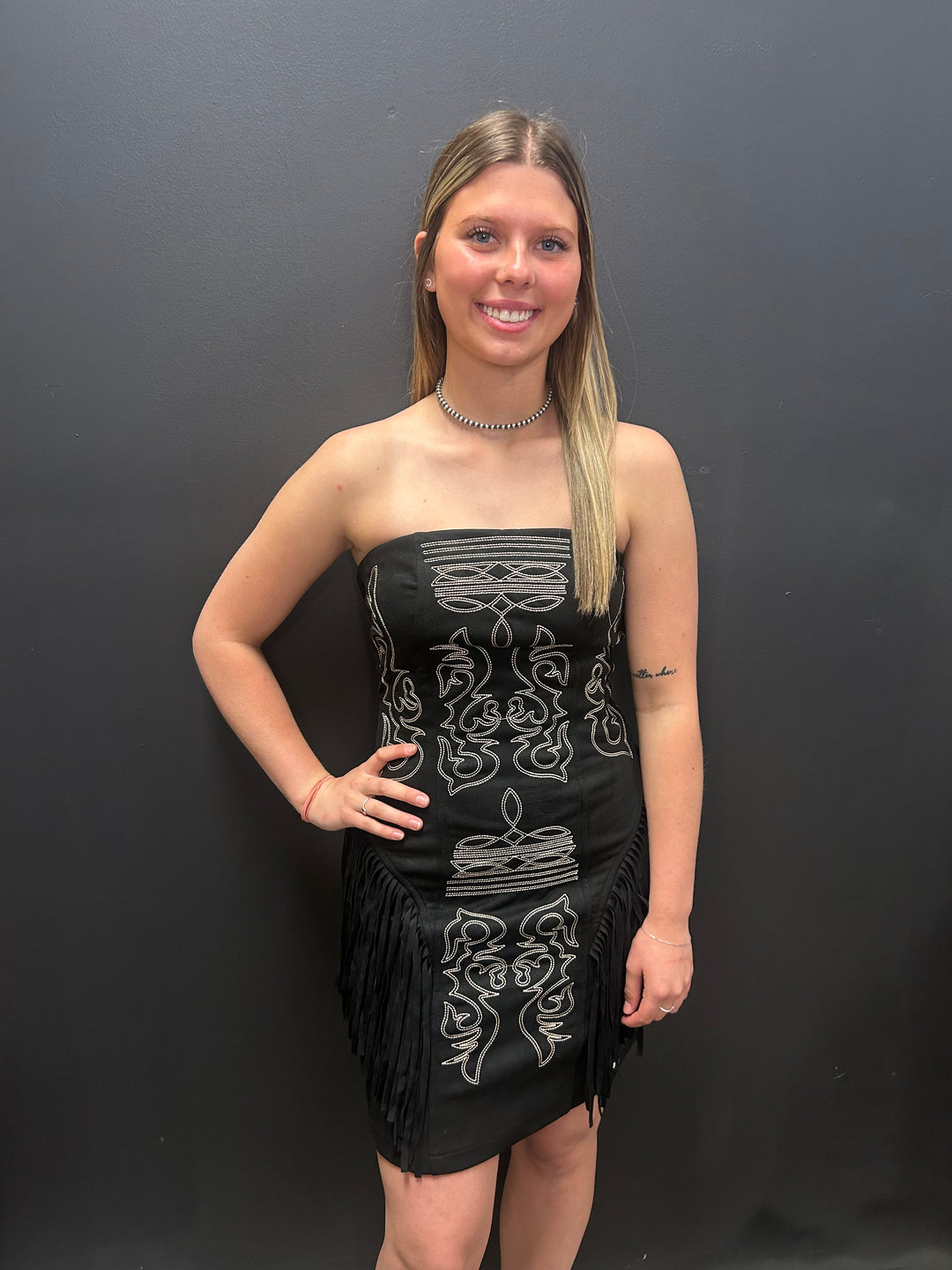 Black Suede Boot Stitch Embroidered Fringe Dress