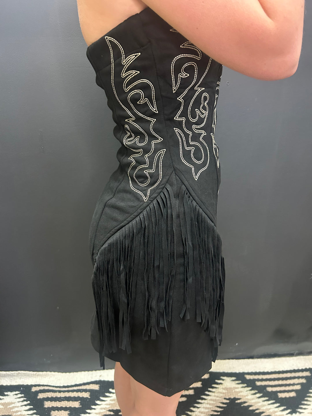 Black Suede Boot Stitch Embroidered Fringe Dress