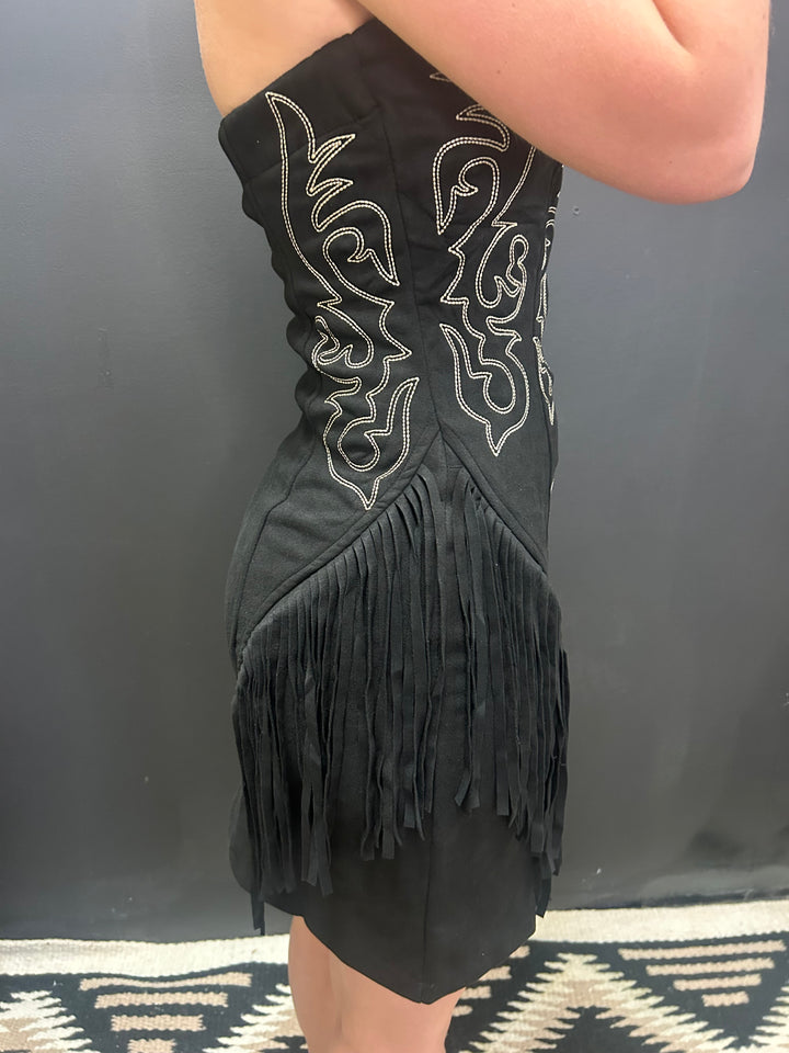 Black Suede Boot Stitch Embroidered Fringe Dress