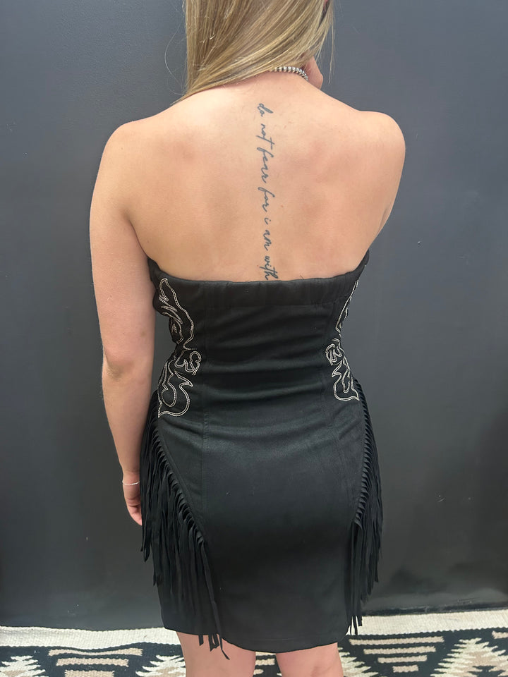 Black Suede Boot Stitch Embroidered Fringe Dress