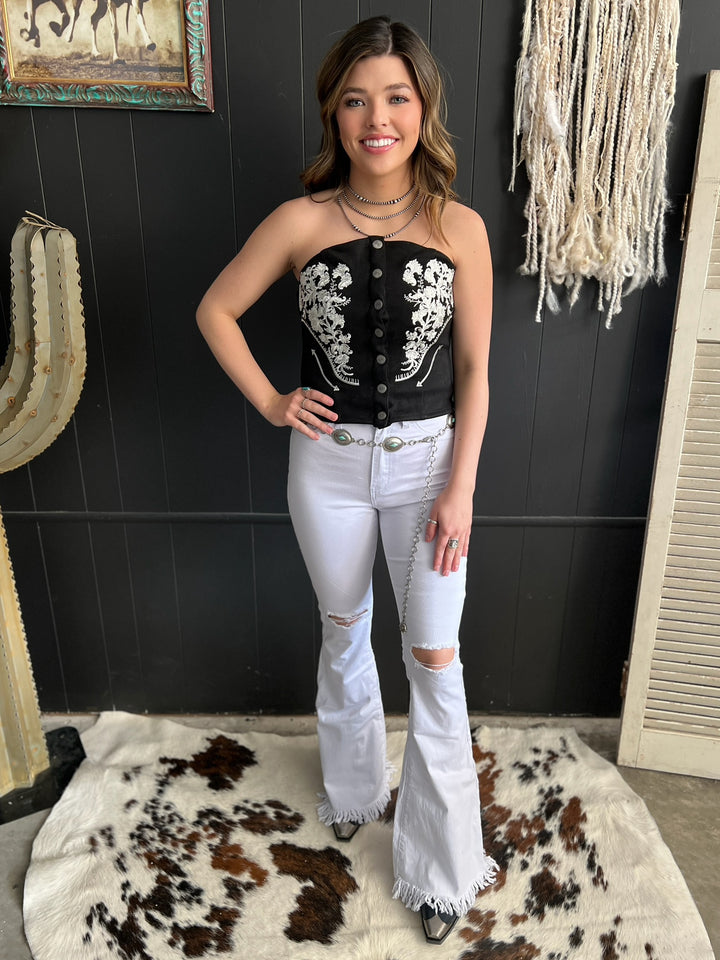 Black Suede Embroidered Front Button Tube Top*