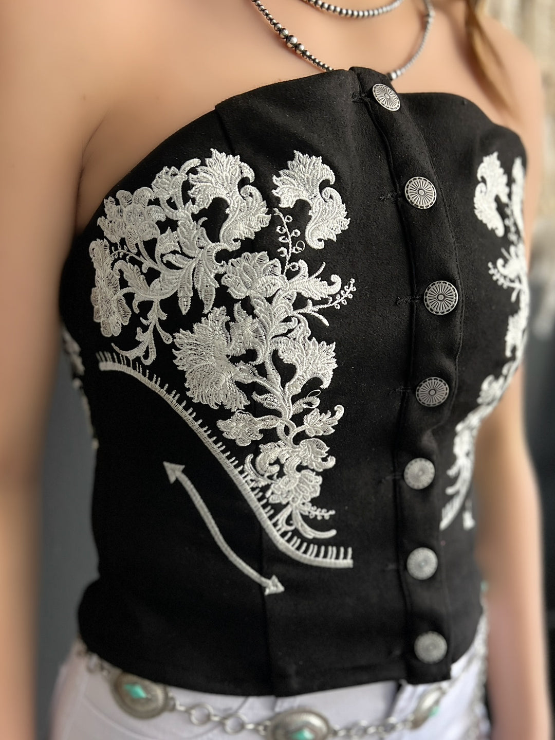 Black Suede Embroidered Front Button Tube Top*