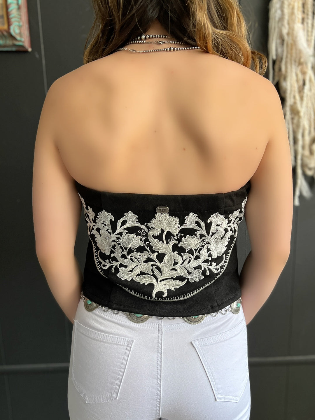 Black Suede Embroidered Front Button Tube Top*