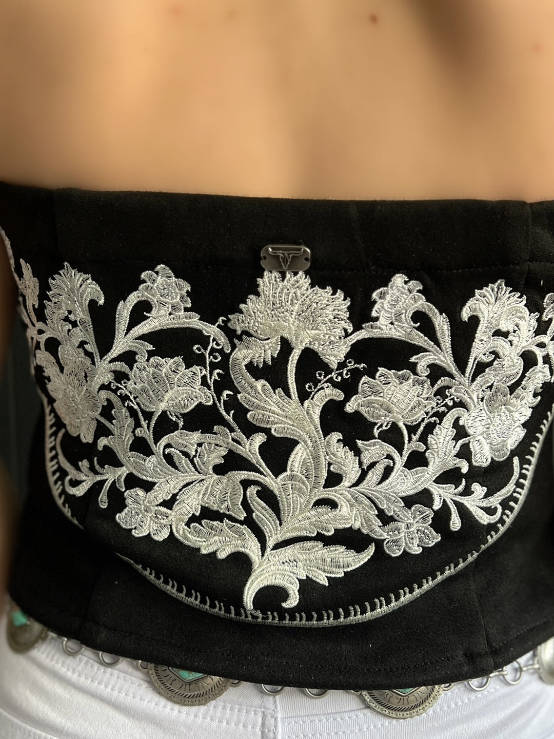 Black Suede Embroidered Front Button Tube Top*