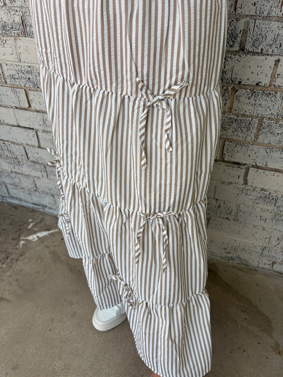 Bow Tie Tiered Taupe Stripe Maxi Skirt*