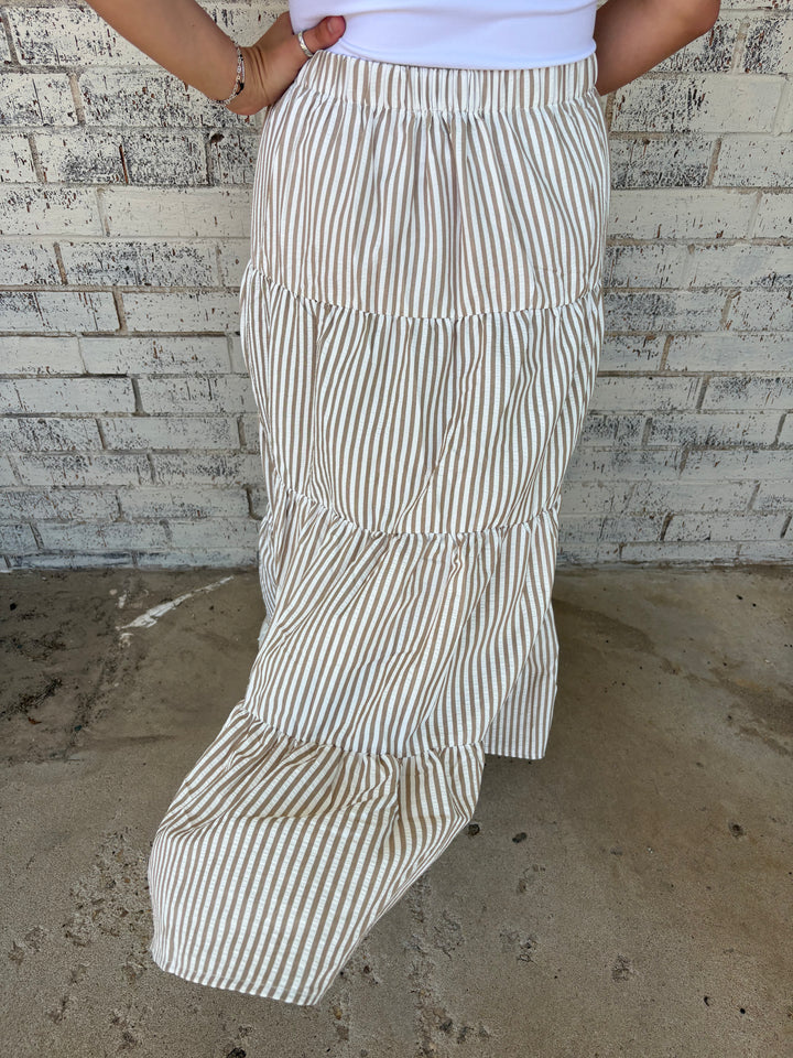 Bow Tie Tiered Taupe Stripe Maxi Skirt*