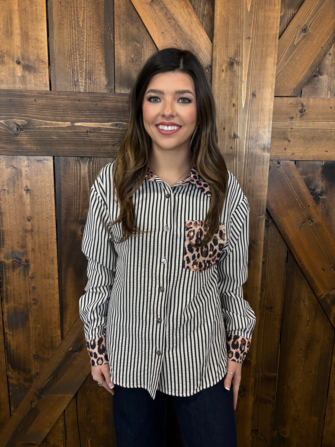 Western Contrast Leopard Stripes Blouse- 2 Colors