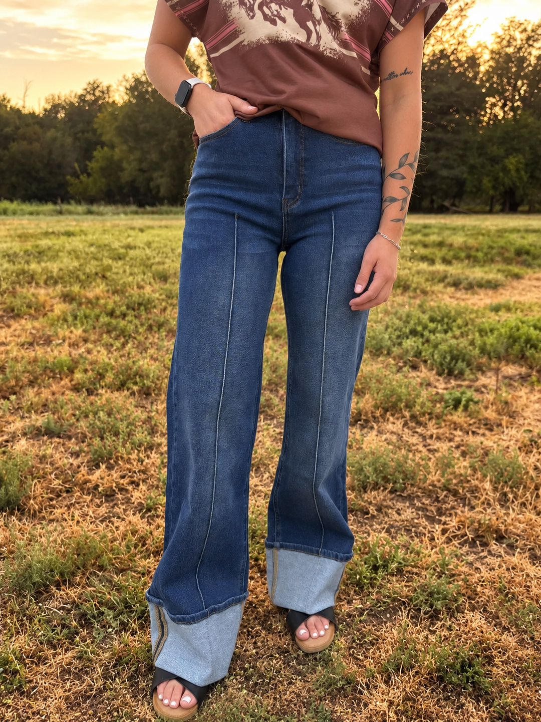 L&B Dark Wash High Rise Contrast Cuff Straight Leg Jeans